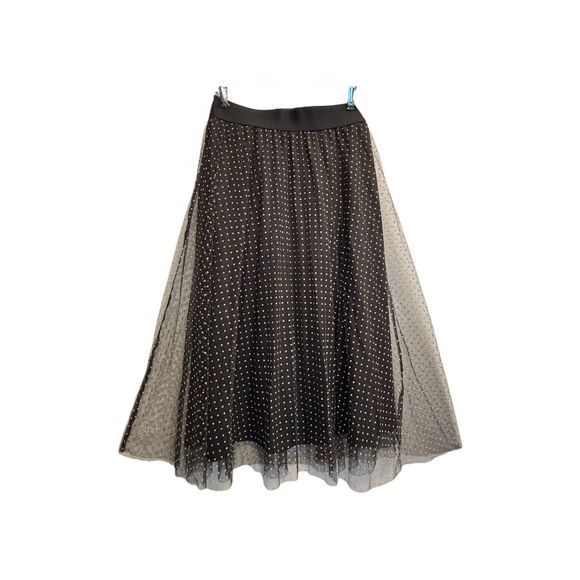 Polka Dot Mesh Overlay Tulle Midi Skirt A Line Sz S/M Black White - Picture 6 of 9